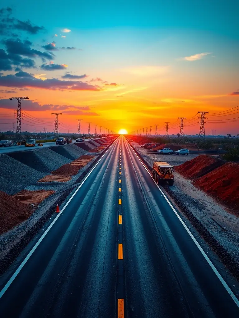 A time-lapse video still showing the construction of a road by Castle Reagh Group Services, from initial grading to final paving, demonstrating the company's comprehensive civil works capabilities.