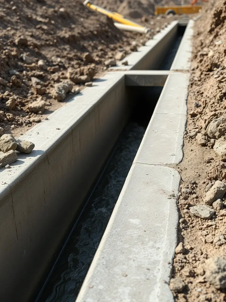 A close-up of a newly constructed concrete drainage system, part of a larger civil works project by Castle Reagh Group Services, highlighting the precision and quality of the work.