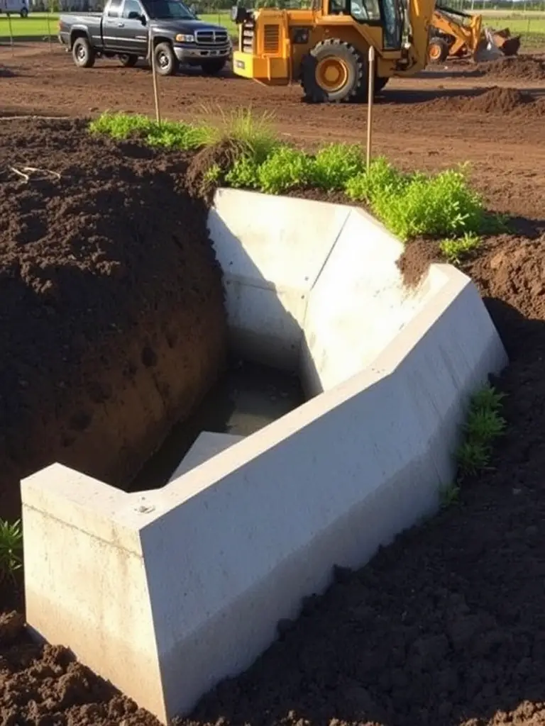 A stormwater retention basin designed to manage excess water, illustrating Southside Civil and Construction's stormwater management solutions.