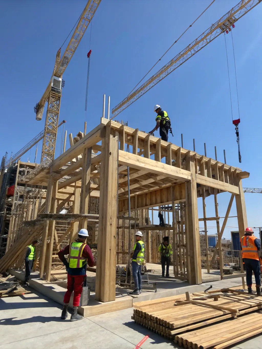 A beautifully framed timber structure under construction, showcasing the precision and craftsmanship of Castle Reagh Group Services' timber framing services.