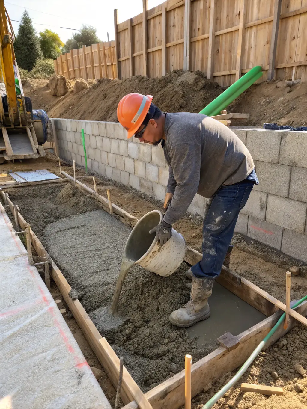 A construction worker skillfully pouring concrete for a foundation, ensuring a solid base for a new building project by Castle Reagh Group Services.