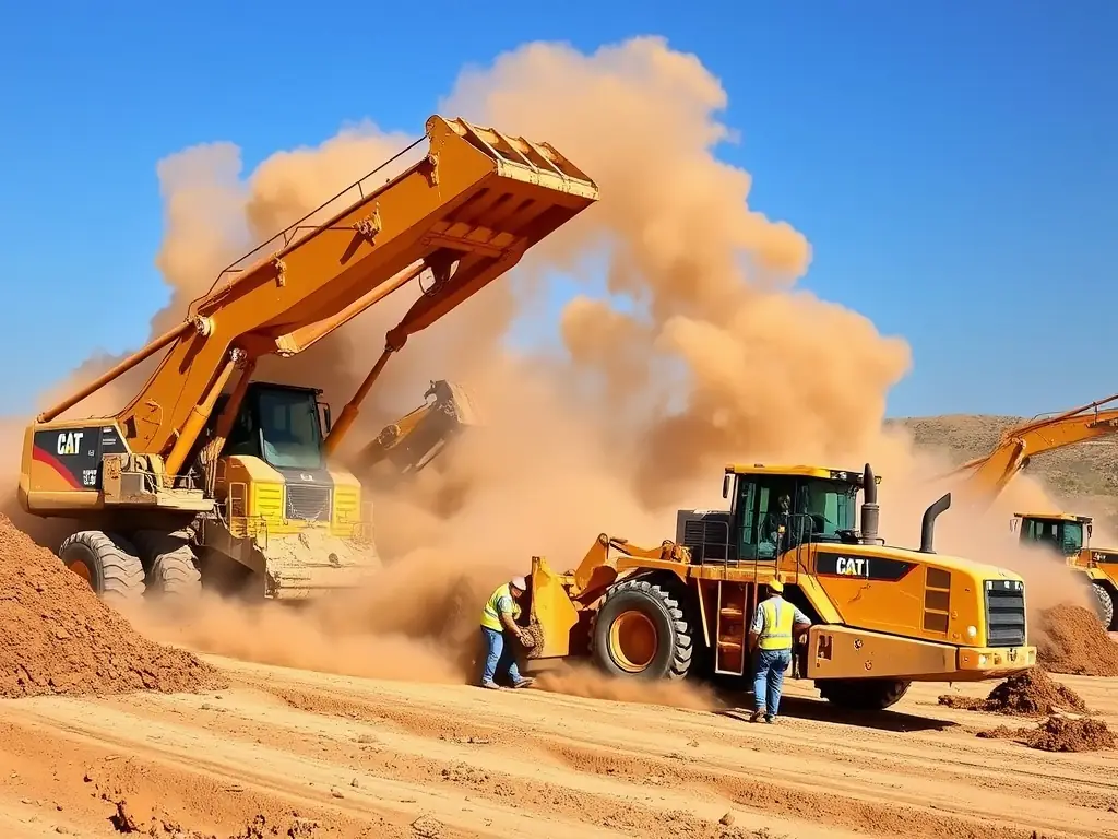 A wide-angle shot of heavy earthmoving equipment, such as bulldozers and excavators, working on a large construction site, with a focus on the scale and precision of the operation.
