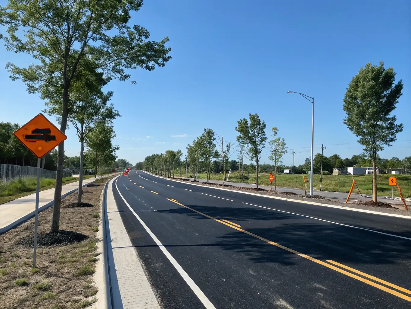 An aerial view of a newly constructed road, showcasing smooth asphalt, clear lane markings, and well-designed drainage systems, highlighting the quality and durability of the road infrastructure.